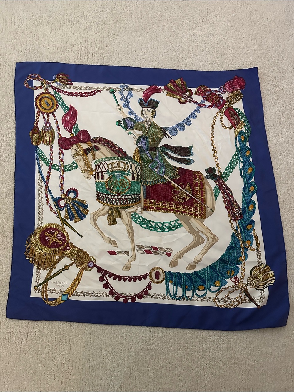 Hermès Le Timbalier Silk Scarf 90 Blue White Gold Multicolor Equestrian Carré - Picture 4 of 5